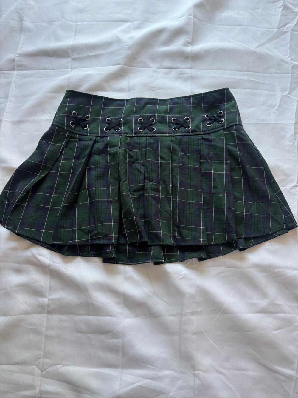 Dark Green Plaid Pleated Mini Skirt with Lace-Up Waist